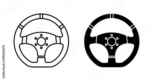 Racing steering wheel icon set in black and outline style