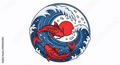 Koi Fish Swimming in Ocean Waves.