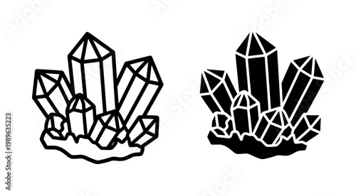 Crystal quartz mineral cluster black line and silhouette icons
