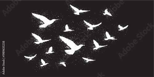 Photography Grunge flying birds white silhouettes ink splatter on black abstract freedom bac