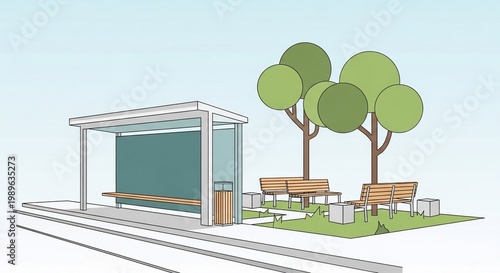 Modern bus stop with benches trees.