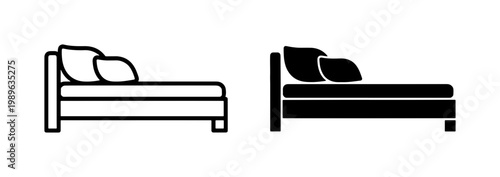Double bed icon set with pillows for bedroom furniture design