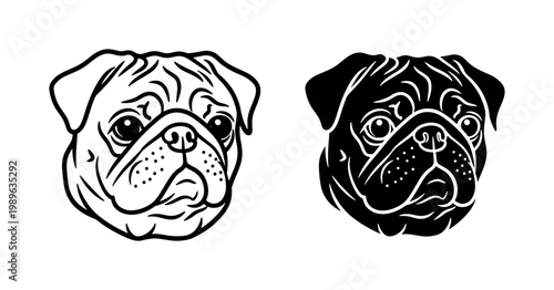Pug Dog Head Vector Line Art Illustration