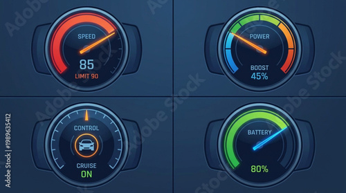 A digital display shows four car dashboard gauges with speed, fuel, battery and charge on a dark blue background