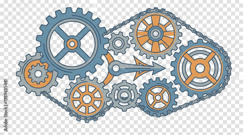 A stylized illustration of interlocking gears in blue and orange hues on a transparent background