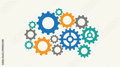 A collection of colorful gear icons in various sizes and shades on a clean white background