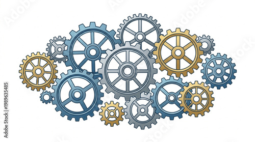 A collection of assorted interlocking gears in blue and gold tones on a white background, showcasing mechanical components