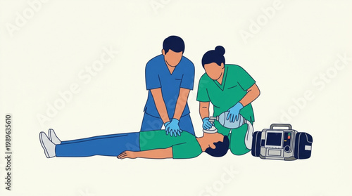 Two medical professionals performing CPR on a patient with a defibrillator nearby in a clinical setting