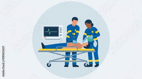 Two paramedics providing emergency care to a patient on a stretcher with a monitor in the background, conveying a sense of urgency and medical response