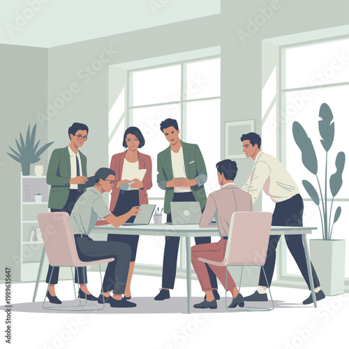Group of people having a meeting in a modern office setting with office life