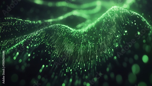 Green digital data stream with flowing binary code and glowing particles
