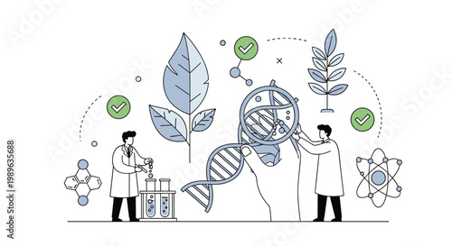 Laboratory researchers analyzing large DNA double helix structures and plant samples for genetic engineering projects.