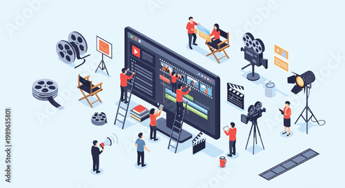 Production team working together on large digital screen to edit video content using professional software and tools.