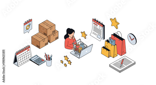 Young woman browsing online shopping site on laptop surrounded by delivery boxes shopping bags and promotional calendars.