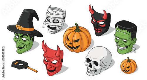 Halloween character masks collection featuring witch mummy pumpkin devil frankenstein and skull for holiday celebration.