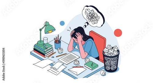 Overwhelmed office worker experiencing high stress levels and burnout at desk cluttered with messy paperwork and trash.