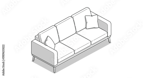 Modern three seater sofa furniture piece with comfortable cushions depicted in clean isometric line art style for interior.