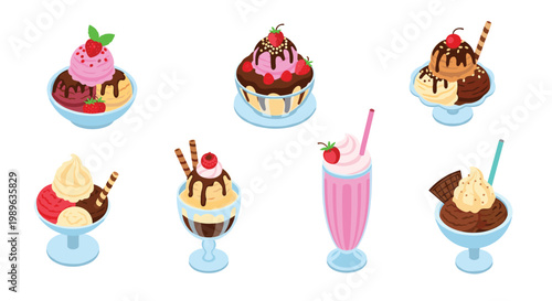 Delicious assortment of gourmet ice cream sundaes and milkshakes served in glass bowls with fresh fruit and toppings.