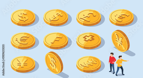 Diverse set of golden coins representing international currencies including dollar euro pound yen and franc for finance.