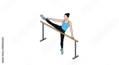 Professional ballet dancer performing graceful leg stretch at wooden barre in dance studio during training session.