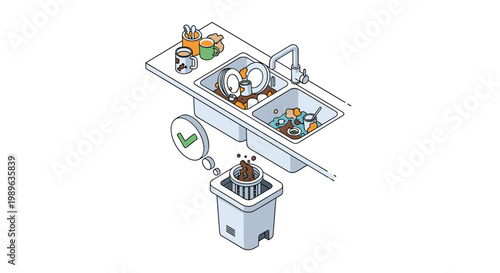 Kitchen sink area overflowing with dirty dishes and food waste being processed by under sink garbage disposal unit.
