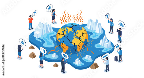 Global warming crisis awareness concept with cracked overheating earth melting ice caps and concerned citizens observing.