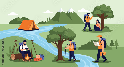 Outdoor enthusiasts enjoying camping and hiking adventures in scenic mountain landscape near flowing river and forest.