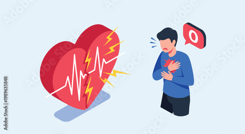 Heart attack and cardiovascular health warning concept showing man in pain next to damaged heart symbol and pulse line.