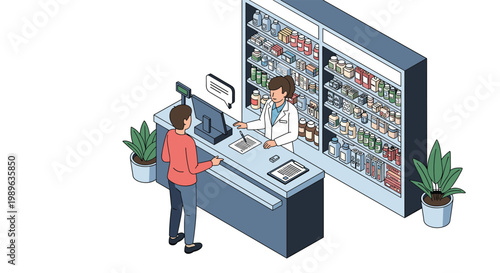 Professional pharmacist assisting customer at drugstore counter surrounded by organized shelves of medical supplies.