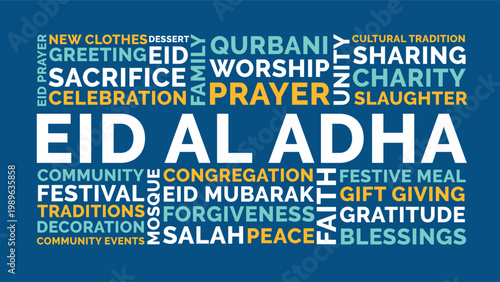 Eid Al Adha Word Cloud Design for Poster, Social Media Banner, Flyer. Eid Al Adha blue bold modern typography