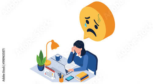 Overworked female employee sitting at office desk feeling stressed and exhausted while facing difficult tasks and burnout.