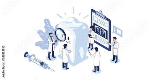 Team of dental professionals performing examination on giant tooth model using magnifying glass and specialized tools.