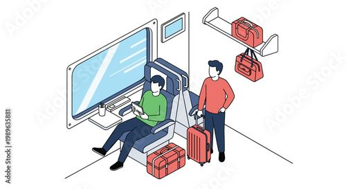 Passengers traveling on modern train carriage with luggage while using digital tablet for entertainment during journey.