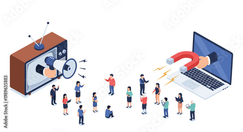Modern marketing attraction strategy showing megaphone on television and magnet on laptop pulling in potential customers.