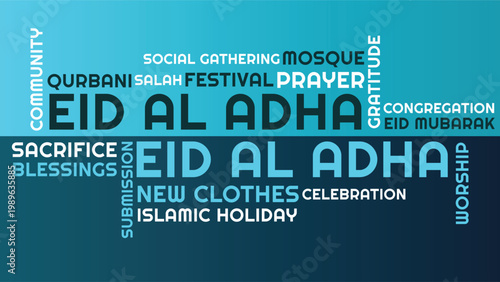 Eid Al Adha Word Cloud Design for Poster, Social Media Banner, Greeting Card. Eid Al Adha blue gradient modern typography