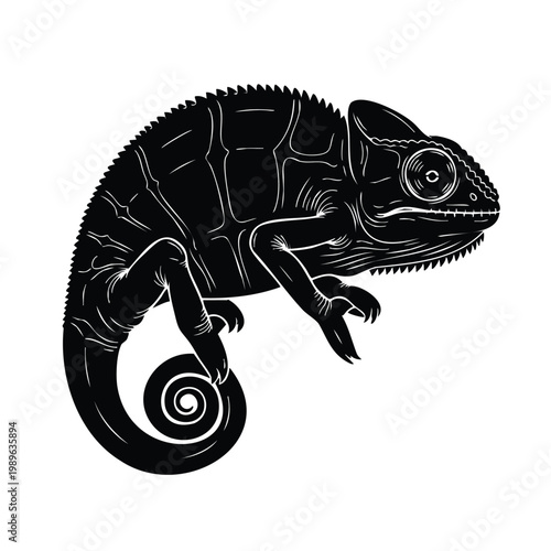 Chameleon silhouette, detailed texture, black and white vector illustration.