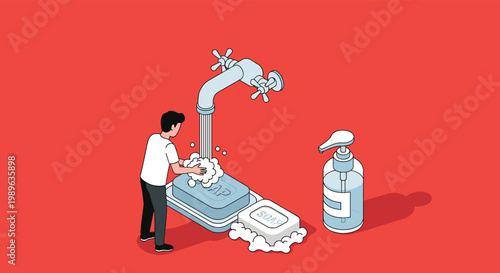 Personal hygiene and health safety concept showing a man washing his hands thoroughly with soap under a running water tap.