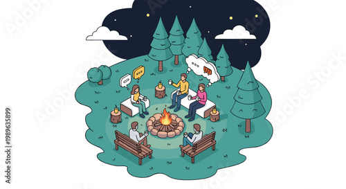 Group of friends enjoying an outdoor campfire at night in a pine forest setting while talking and relaxing together.