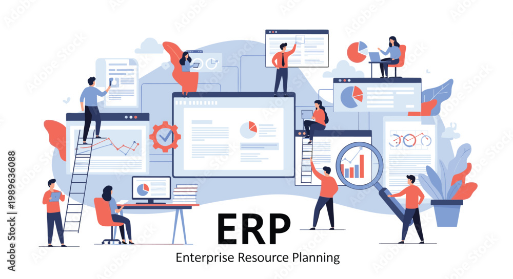 Obraz premium Enterprise resource planning concept illustrates business management software with people managing various digital data modules.