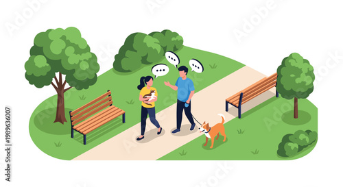 People walking their pets in a local park while having a conversation on a sunny day with green trees and benches.