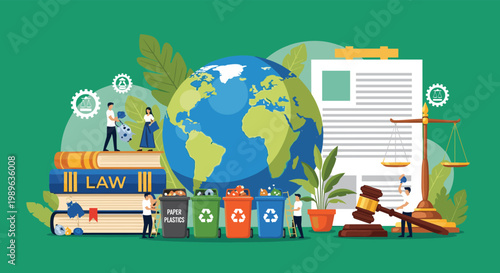 Environmental law and global recycling policy concept with legal documents law books and sorted waste bins around Earth.