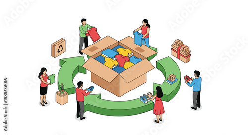 Clothing donation and textile recycling concept featuring a group of people putting clothes into a large cardboard box.