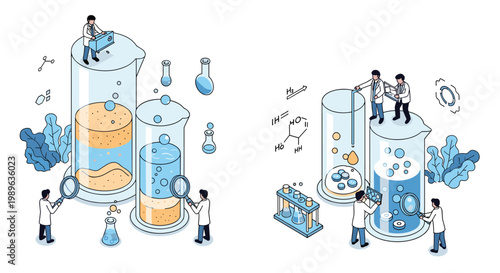 Scientific researchers perform chemical experiments and laboratory tests using oversized beakers and modern lab equipment.