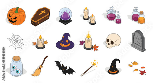 Halloween elements and spooky decorations set including carved pumpkins witch hats magic potions and gothic skulls.