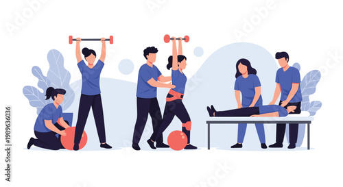 Skilled physical therapists assist patients with rehabilitation exercises and strength training in a modern clinical setting.