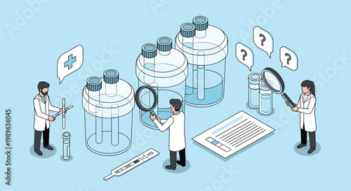Medical scientists conduct laboratory research and vaccine testing using large glass vials and specialized testing tools.