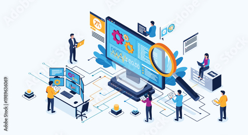 Software development team works on optimizing system performance and debugging code using advanced digital monitoring tools.