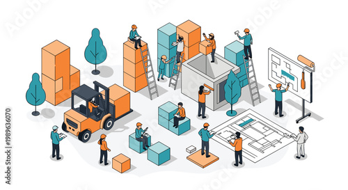 Busy construction site shows workers using a forklift and ladders to assemble modular structures based on architectural plans.