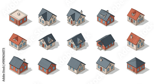 Comprehensive set of various isometric house designs showcases different architectural styles and color palettes for real estate.