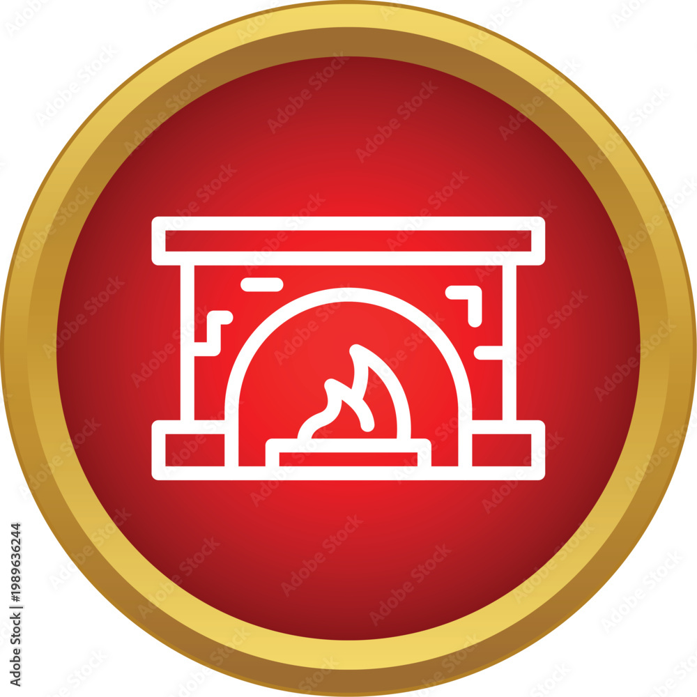 Naklejka premium Fireplace icon with a burning flame in a red and gold circle